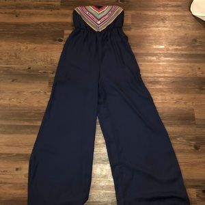 Wide Leg Navy Jumpsuit with embroidered detail